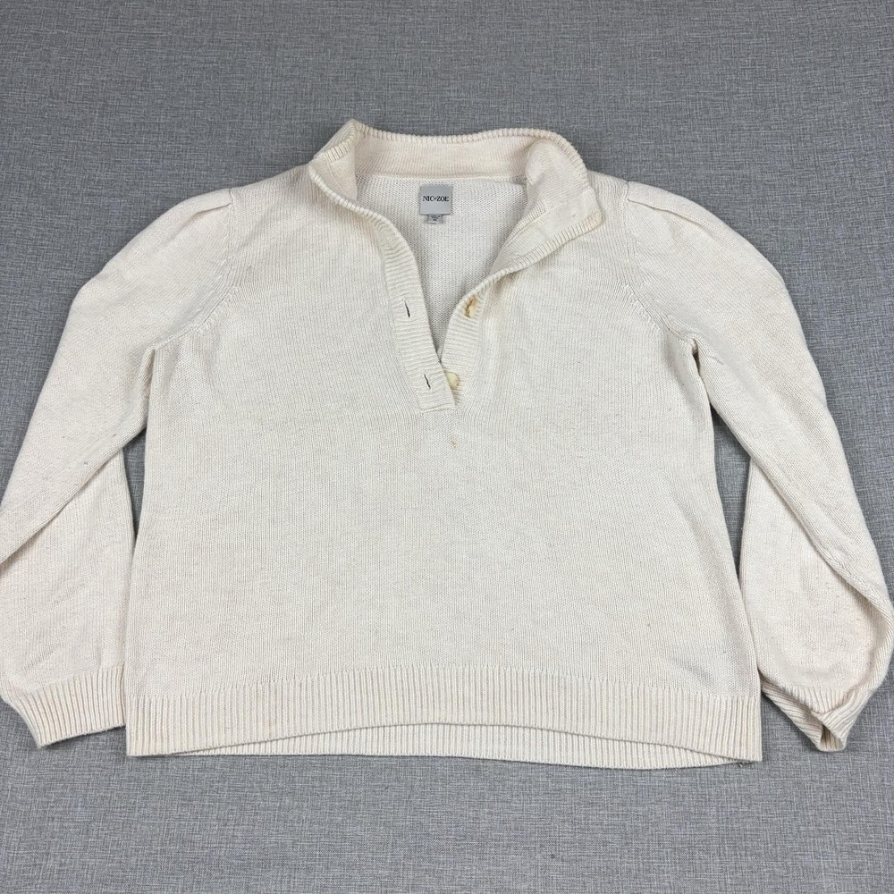 NIC+ZOE Sweater Womens M White Collared Pullover Puff Sleeve Tight-Knit‎